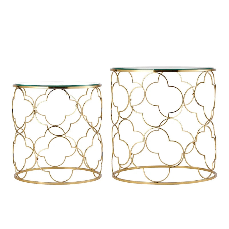 Tables basses gigognes rondes à plateau en verre et structure dorée, lot de 2