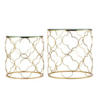 Tables basses gigognes rondes à plateau en verre et structure dorée, lot de 2