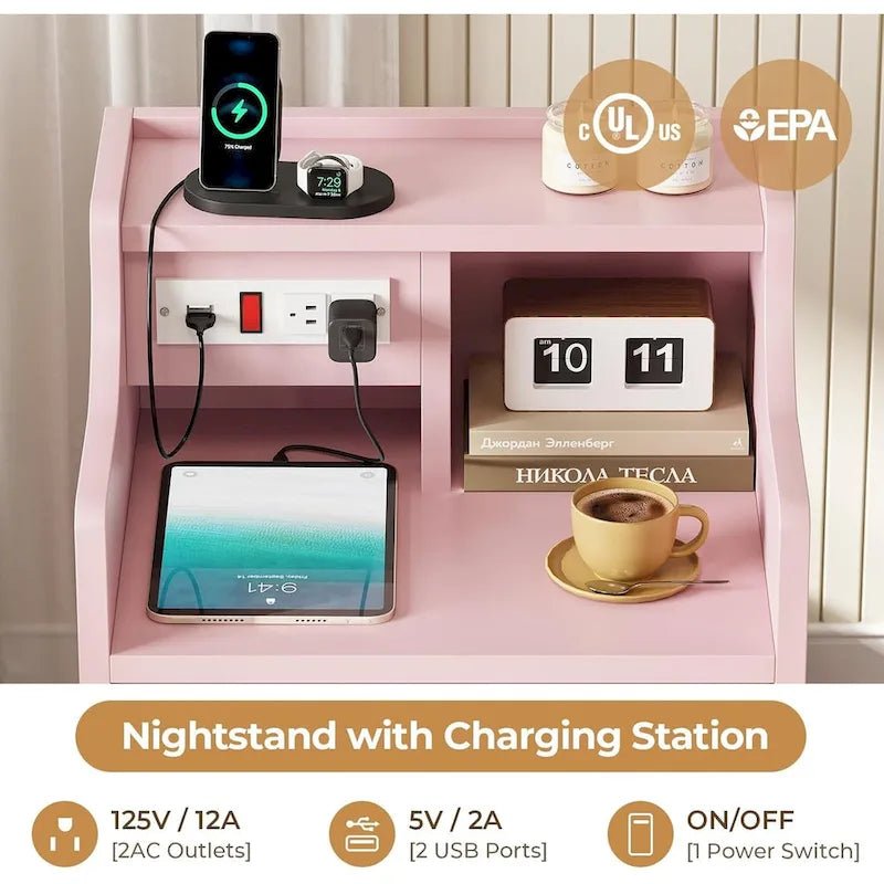 Table de chevet à 3 tiroirs avec station de charge, Blanc / Rose / Gris / Noir, Simple
