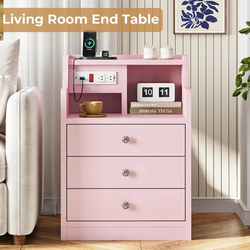 Table de chevet à 3 tiroirs avec station de charge, Blanc / Rose / Gris / Noir, Simple