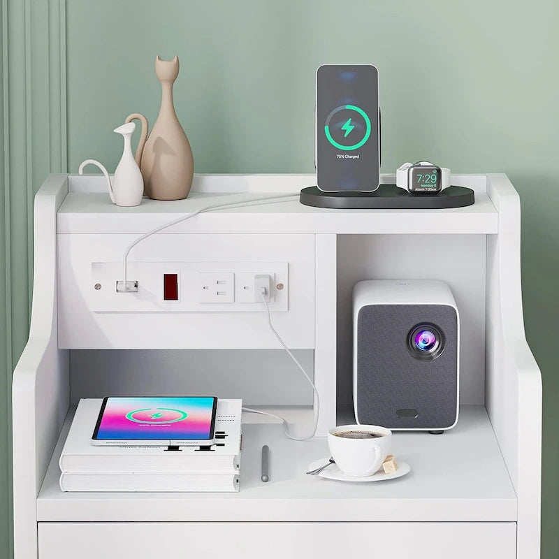 Table de chevet à 3 tiroirs avec station de charge, Blanc / Rose / Gris / Noir, Simple