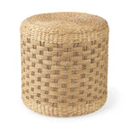 Pouf rond tressé en jonc de mer à motifs marron, pièce unique