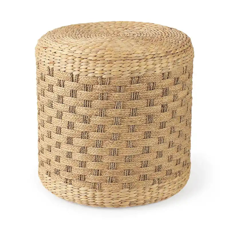 Pouf rond tressé en jonc de mer à motifs marron, pièce unique