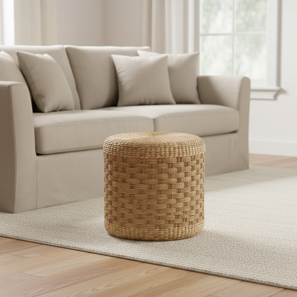 Pouf rond tressé en jonc de mer à motifs marron, pièce unique