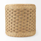 Pouf rond tressé en jonc de mer à motifs marron, pièce unique