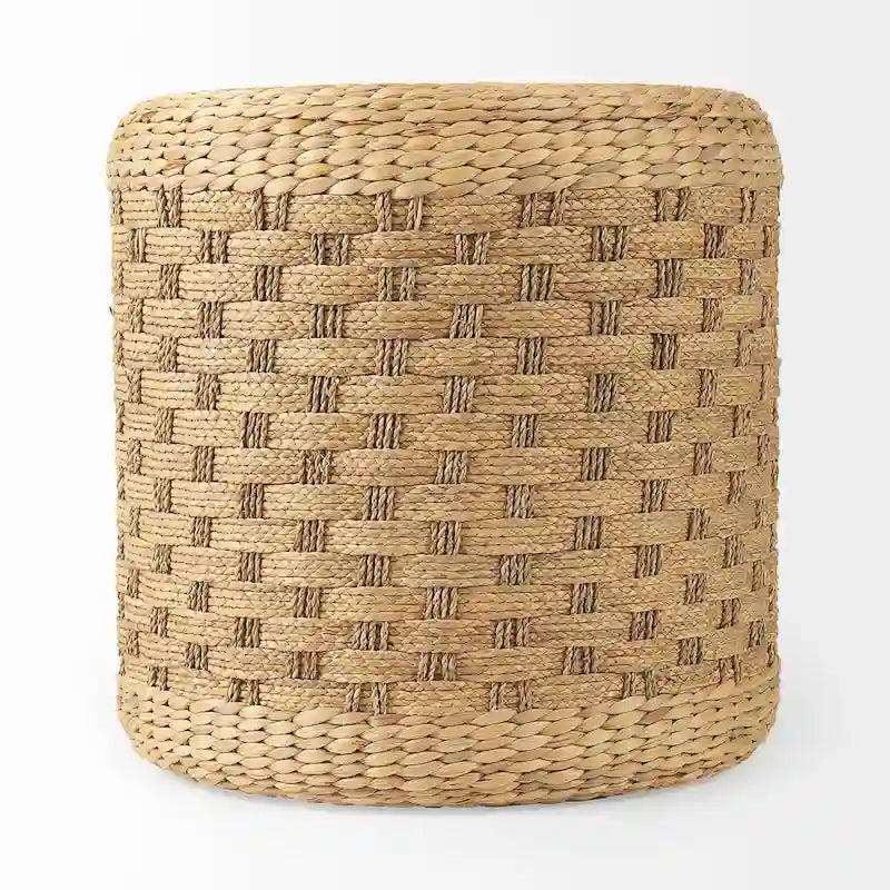 Pouf rond tressé en jonc de mer à motifs marron, pièce unique