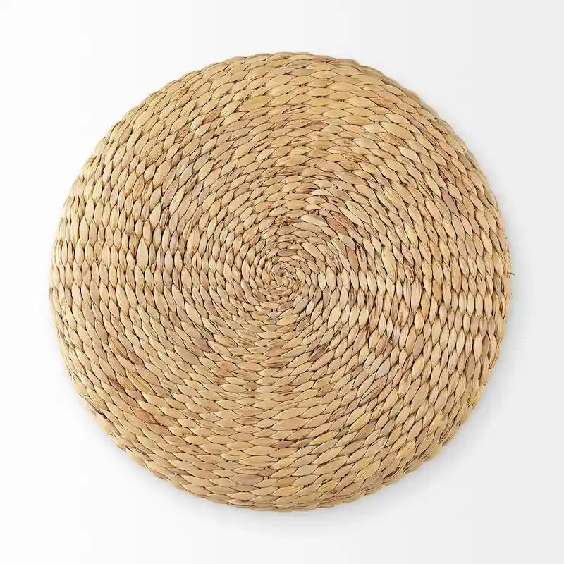 Pouf rond tressé en jonc de mer à motifs marron, pièce unique