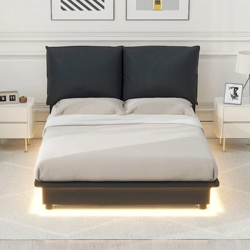 Lit plateforme capitonné noir/blanc avec éclairage LED de détection, Double/Queen, Pour 1-2 personnes
