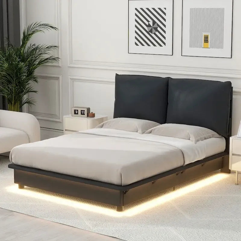 Lit plateforme capitonné noir/blanc avec éclairage LED de détection, Double/Queen, Pour 1-2 personnes