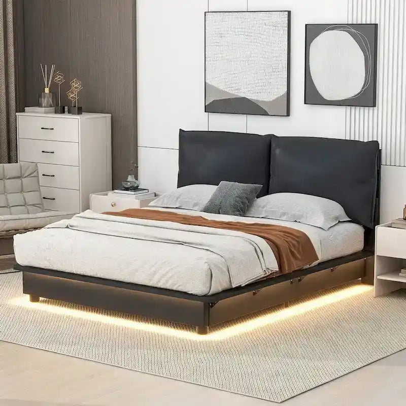 Lit plateforme capitonné noir/blanc avec éclairage LED de détection, Double/Queen, Pour 1-2 personnes