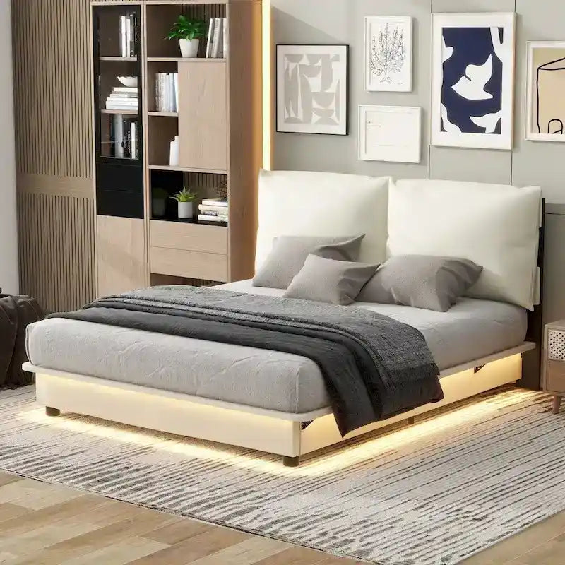 Lit plateforme capitonné noir/blanc avec éclairage LED de détection, Double/Queen, Pour 1-2 personnes