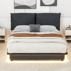 Lit plateforme capitonné noir/blanc avec éclairage LED de détection, Double/Queen, Pour 1-2 personnes