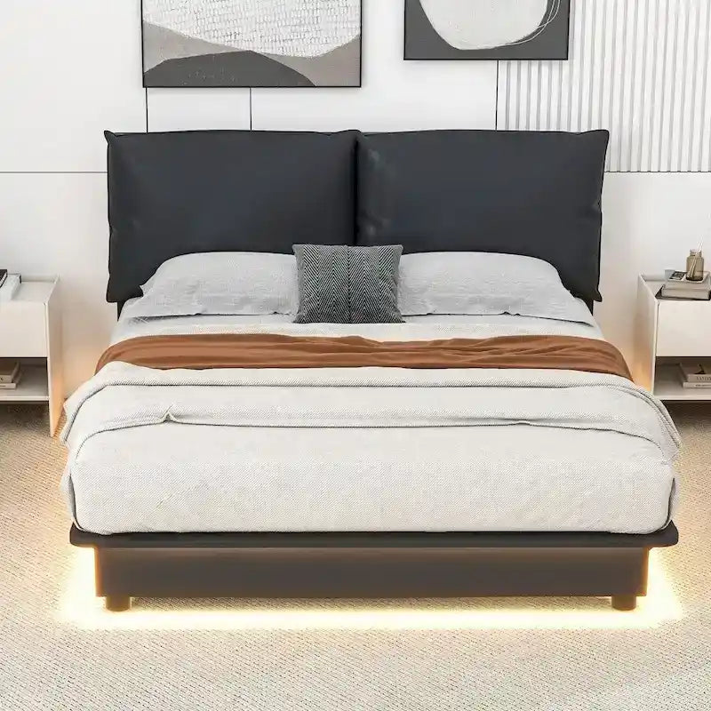 Lit plateforme capitonné noir/blanc avec éclairage LED de détection, Double/Queen, Pour 1-2 personnes