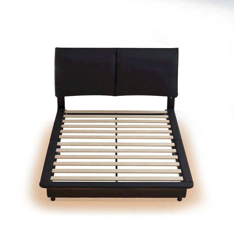 Lit plateforme capitonné noir/blanc avec éclairage LED de détection, Double/Queen, Pour 1-2 personnes