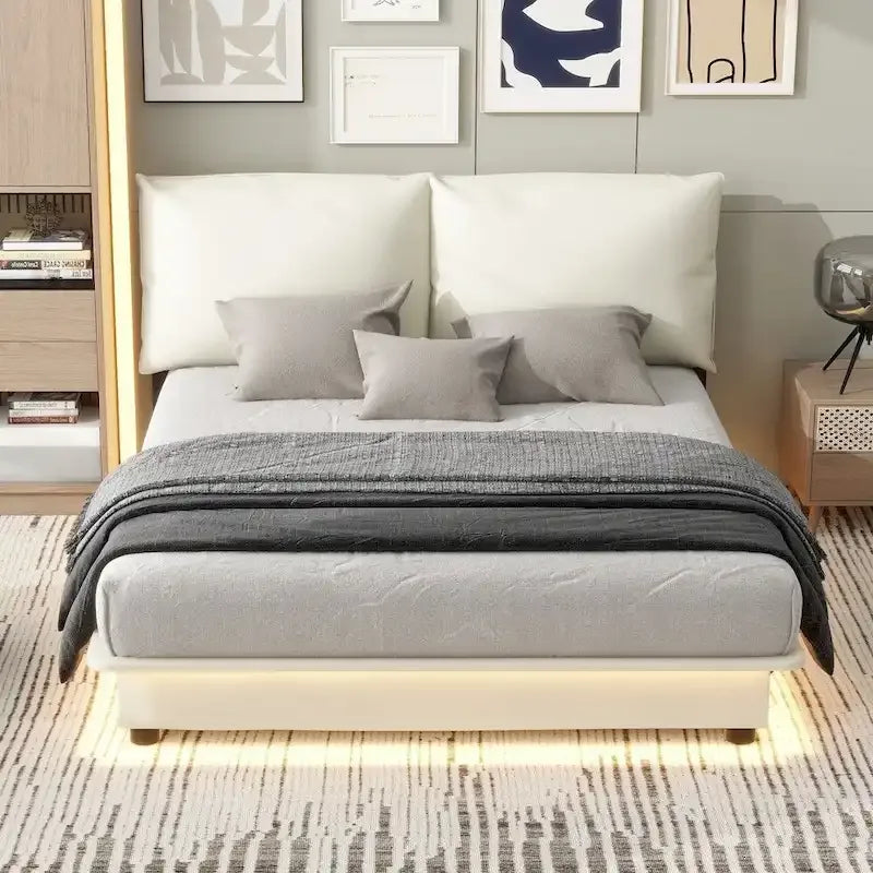Lit plateforme capitonné noir/blanc avec éclairage LED de détection, Double/Queen, Pour 1-2 personnes
