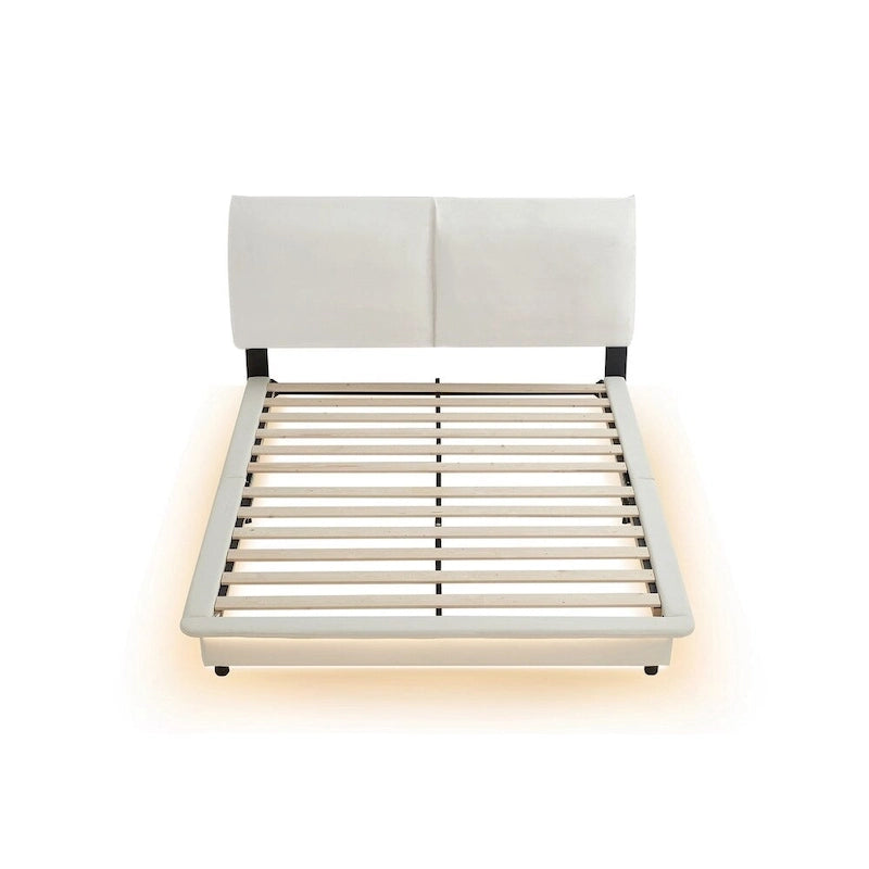 Lit plateforme capitonné noir/blanc avec éclairage LED de détection, Double/Queen, Pour 1-2 personnes