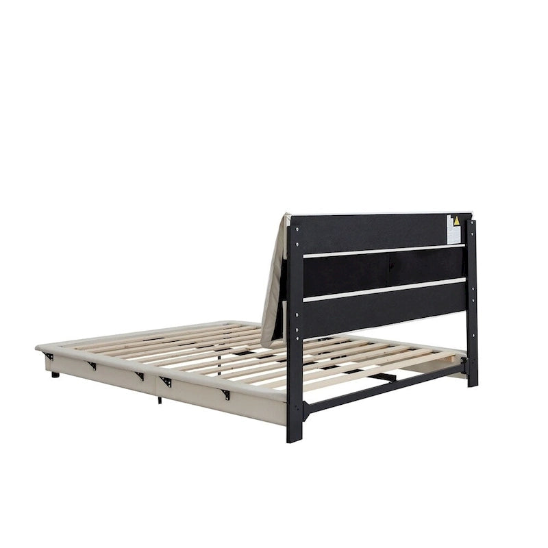 Lit plateforme capitonné noir/blanc avec éclairage LED de détection, Double/Queen, Pour 1-2 personnes