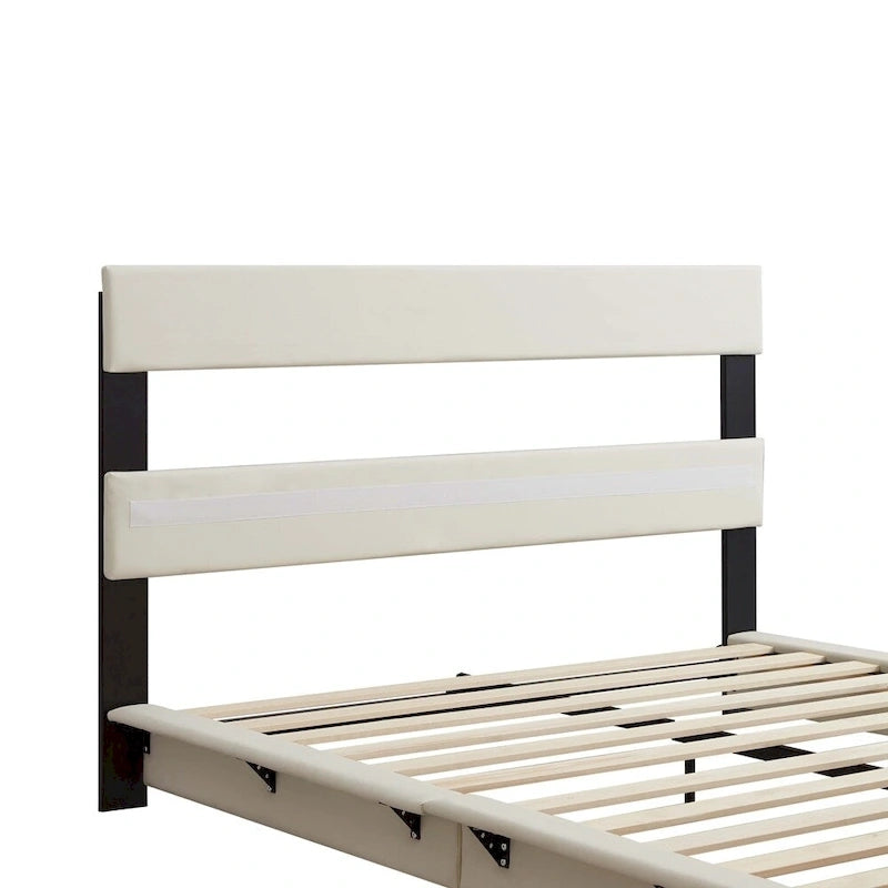 Lit plateforme capitonné noir/blanc avec éclairage LED de détection, Double/Queen, Pour 1-2 personnes