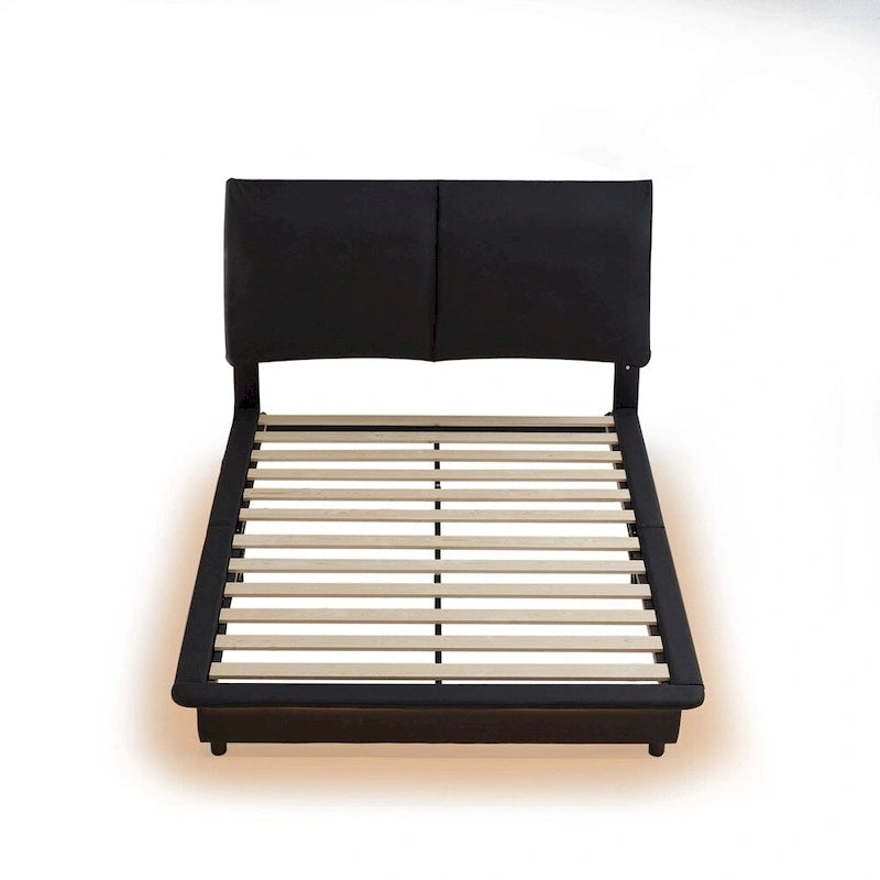 Lit plateforme capitonné noir/blanc avec éclairage LED de détection, Double/Queen, Pour 1-2 personnes