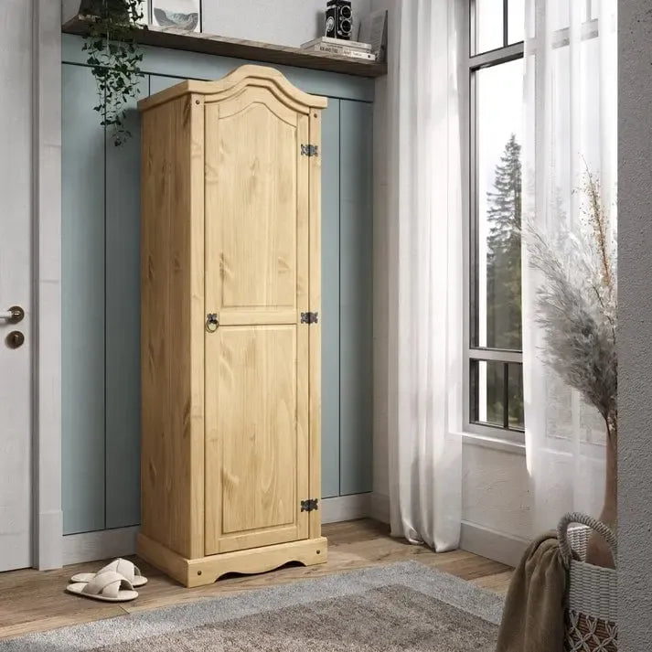 Armoire de couloir à porte unique en pin massif, finition marron antique / gris blanchi / blanc blanchi