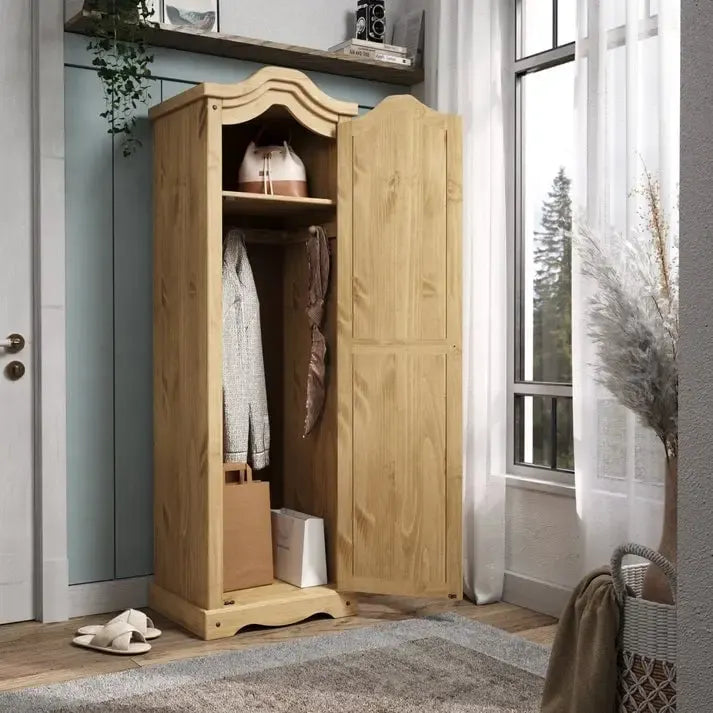 Armoire de couloir à porte unique en pin massif, finition marron antique / gris blanchi / blanc blanchi