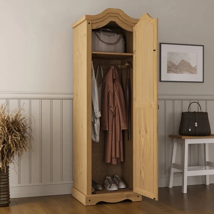 Armoire de couloir à porte unique en pin massif, finition marron antique / gris blanchi / blanc blanchi