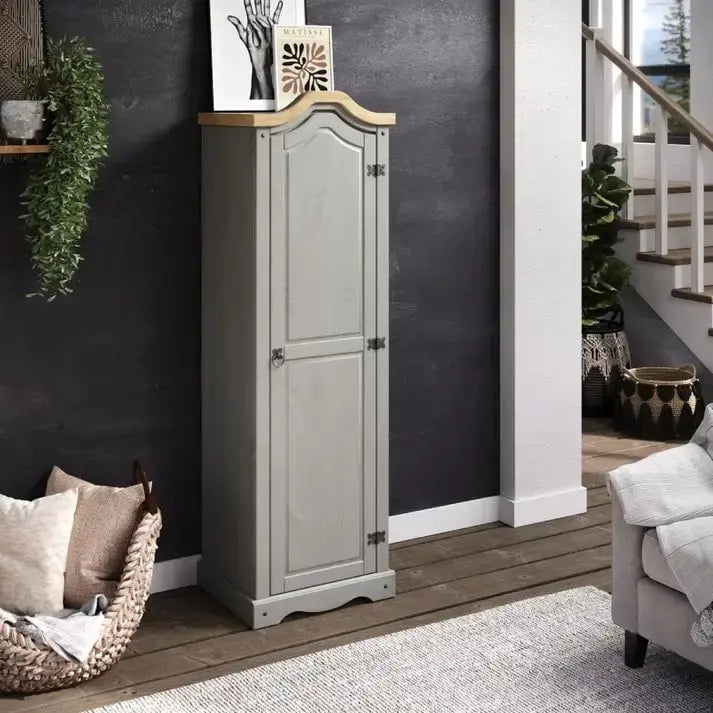 Armoire de couloir à porte unique en pin massif, finition marron antique / gris blanchi / blanc blanchi