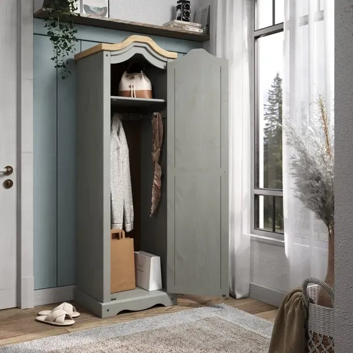 Armoire de couloir à porte unique en pin massif, finition marron antique / gris blanchi / blanc blanchi