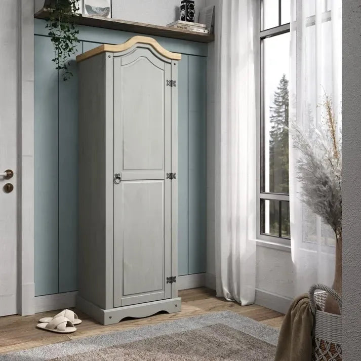 Armoire de couloir à porte unique en pin massif, finition marron antique / gris blanchi / blanc blanchi