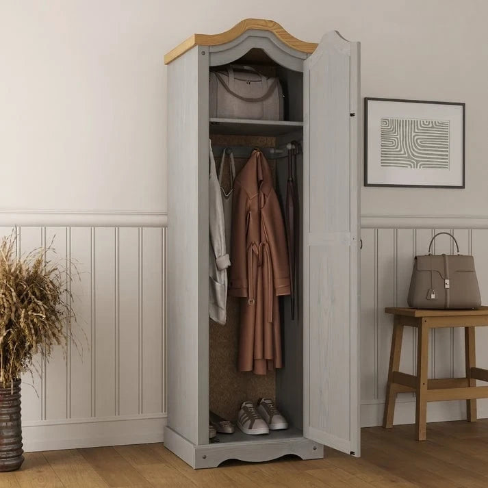 Armoire de couloir à porte unique en pin massif, finition marron antique / gris blanchi / blanc blanchi