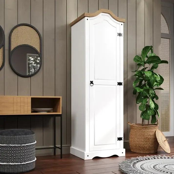 Armoire de couloir à porte unique en pin massif, finition marron antique / gris blanchi / blanc blanchi