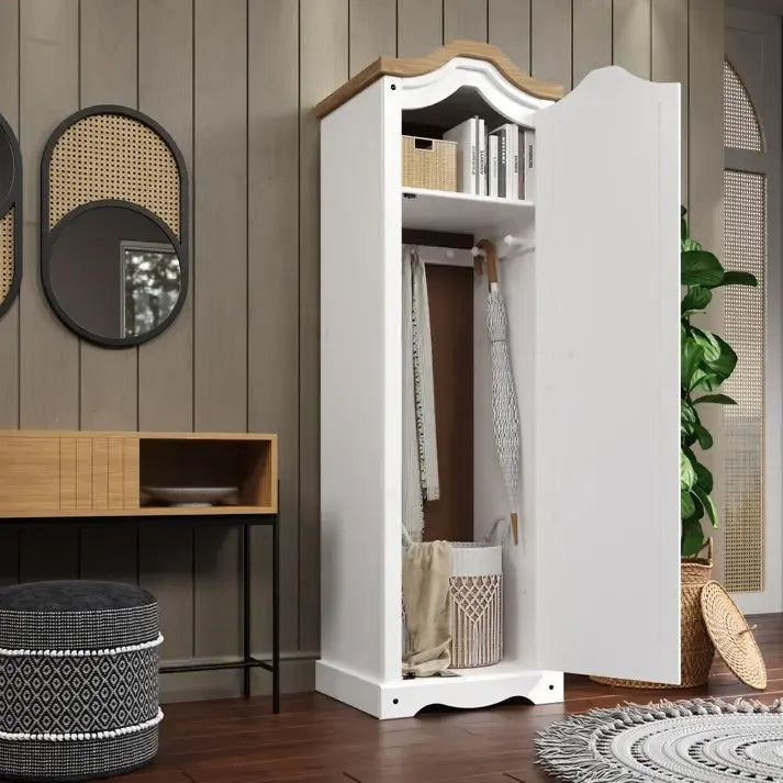 Armoire de couloir à porte unique en pin massif, finition marron antique / gris blanchi / blanc blanchi