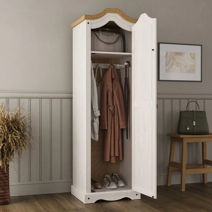 Armoire de couloir à porte unique en pin massif, finition marron antique / gris blanchi / blanc blanchi