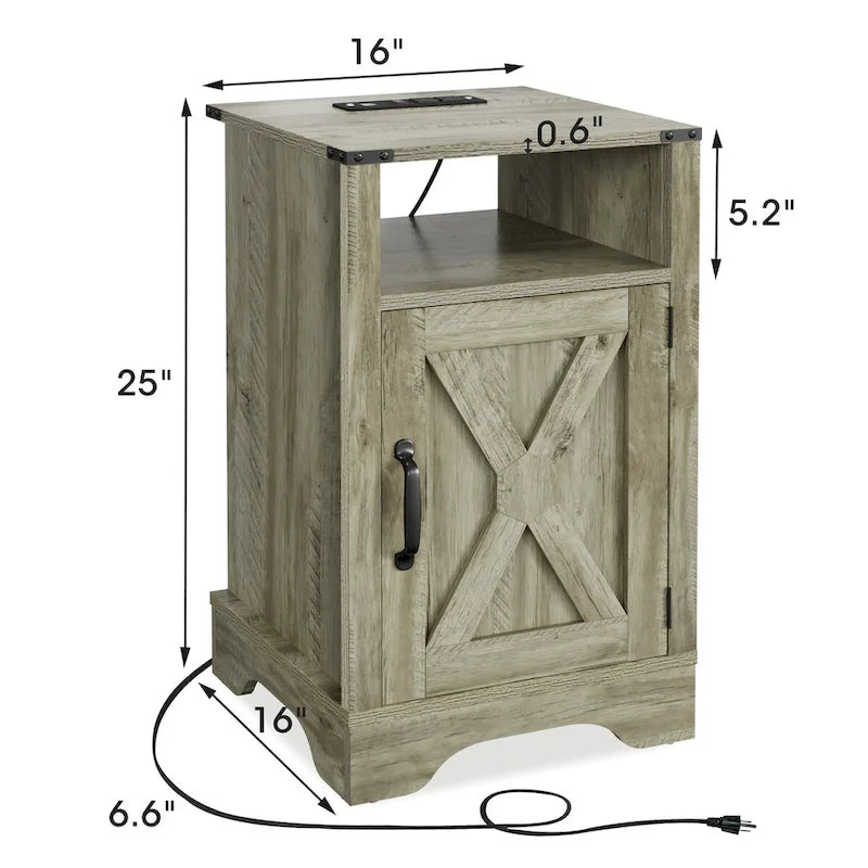 Blanc / Blanc-Espresso / Gris Anthracite / Table de chevet porte de grange amande avec station de charge, 1 personne