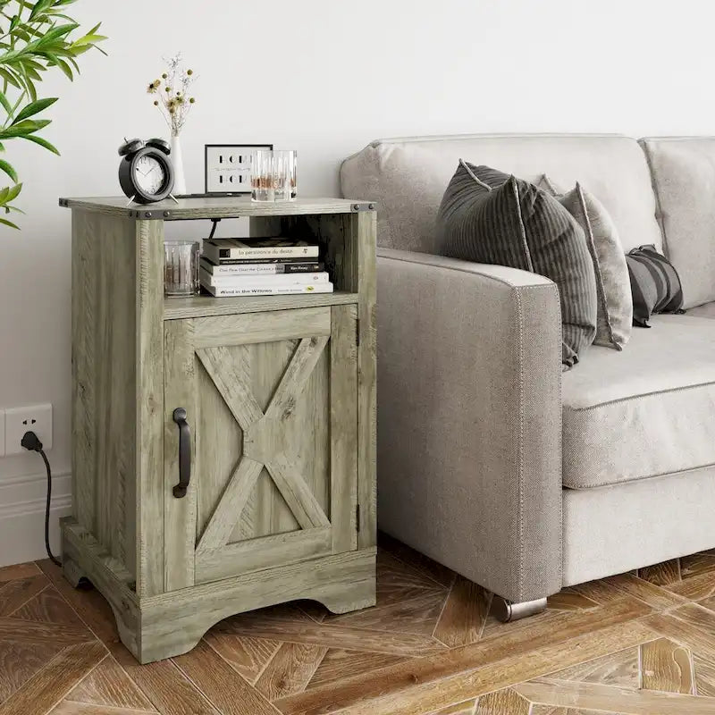 Blanc / Blanc-Espresso / Gris Anthracite / Table de chevet porte de grange amande avec station de charge, 1 personne