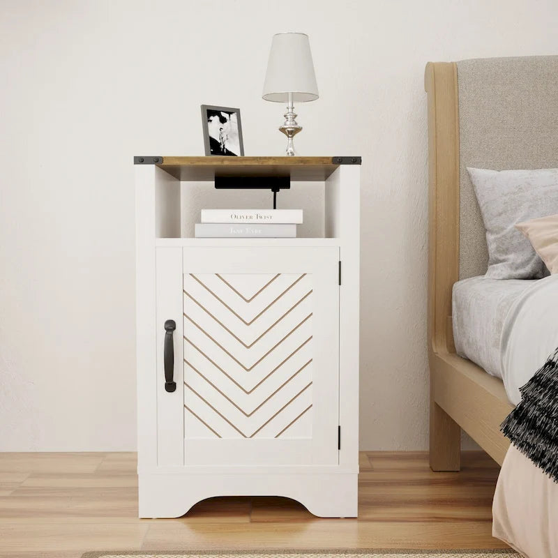 Blanc / Blanc-Espresso / Gris Anthracite / Table de chevet porte de grange amande avec station de charge, 1 personne