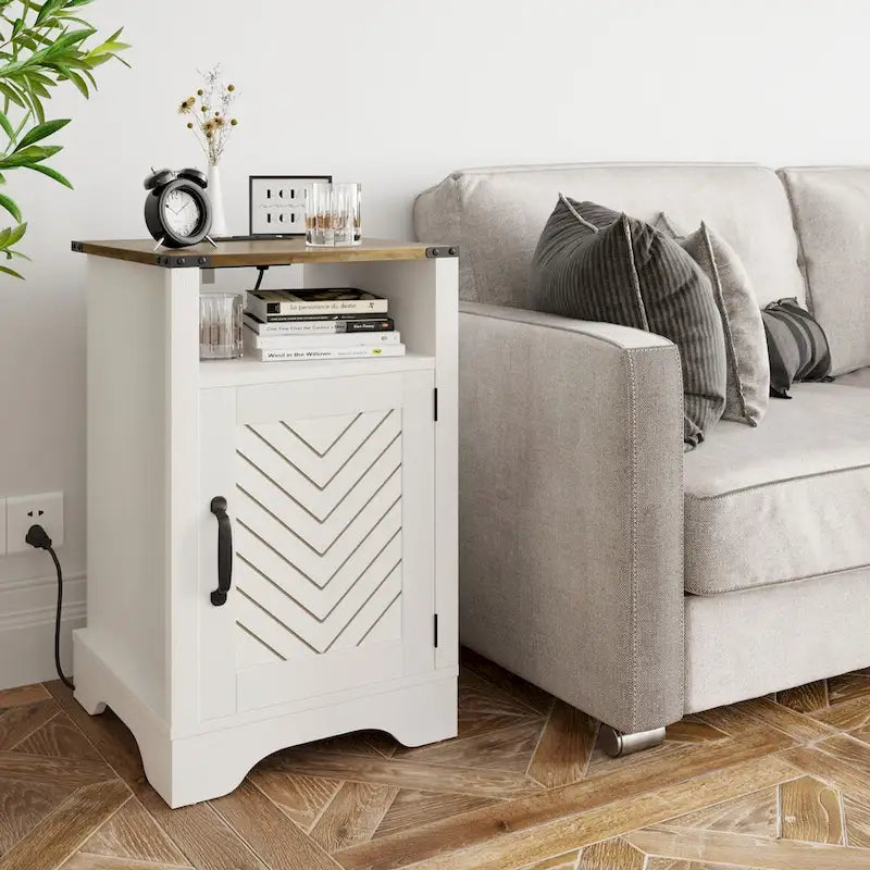 Blanc / Blanc-Espresso / Gris Anthracite / Table de chevet porte de grange amande avec station de charge, 1 personne