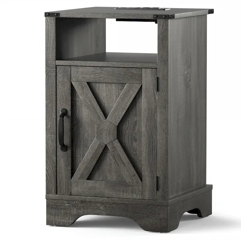 Blanc / Blanc-Espresso / Gris Anthracite / Table de chevet porte de grange amande avec station de charge, 1 personne