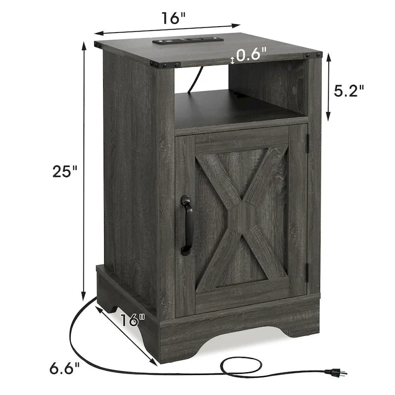 Blanc / Blanc-Espresso / Gris Anthracite / Table de chevet porte de grange amande avec station de charge, 1 personne