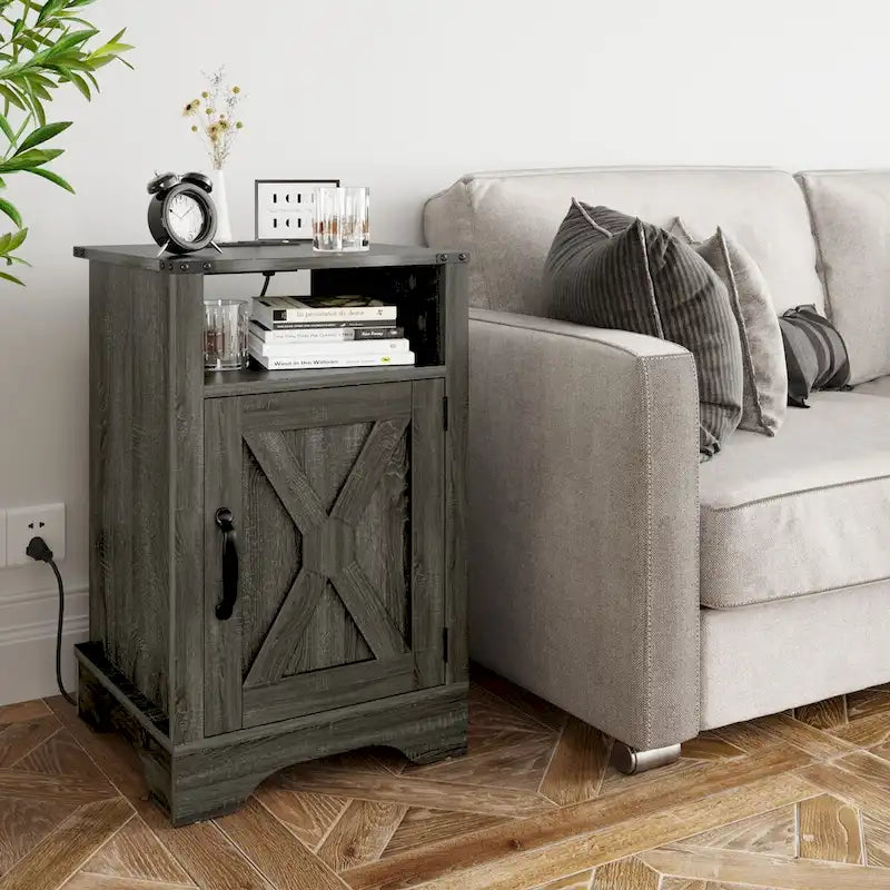 Blanc / Blanc-Espresso / Gris Anthracite / Table de chevet porte de grange amande avec station de charge, 1 personne