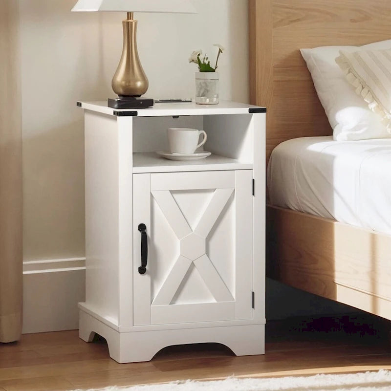 Blanc / Blanc-Espresso / Gris Anthracite / Table de chevet porte de grange amande avec station de charge, 1 personne