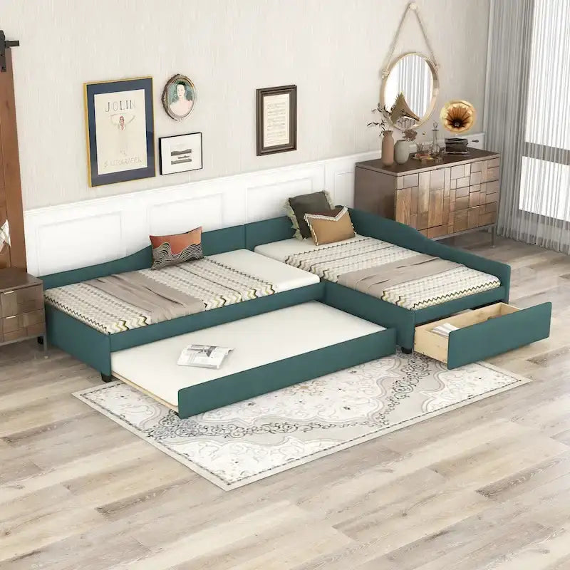 Lit de repos en lin vert/gris avec lit gigogne, 3 couchages