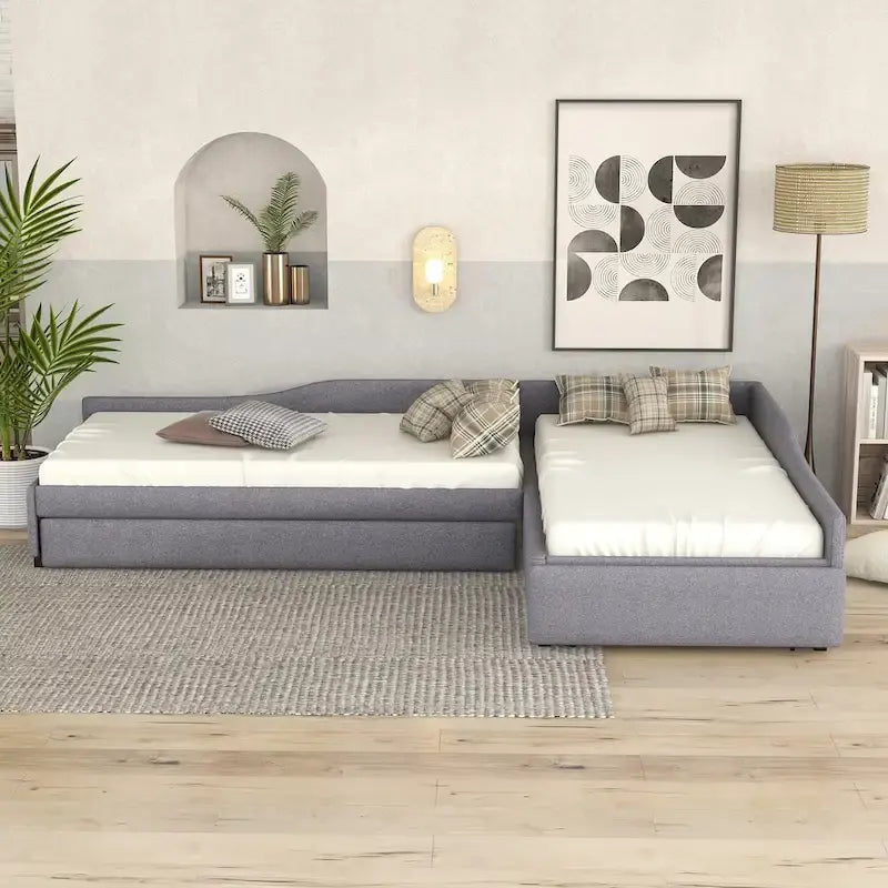 Lit de repos en lin vert/gris avec lit gigogne, 3 couchages