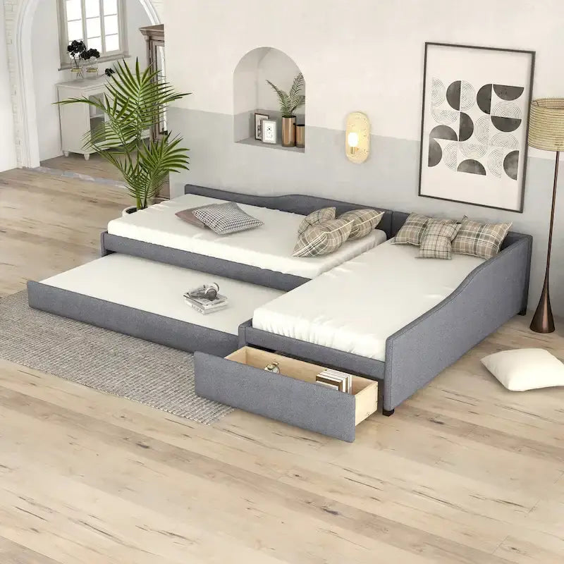 Lit de repos en lin vert/gris avec lit gigogne, 3 couchages