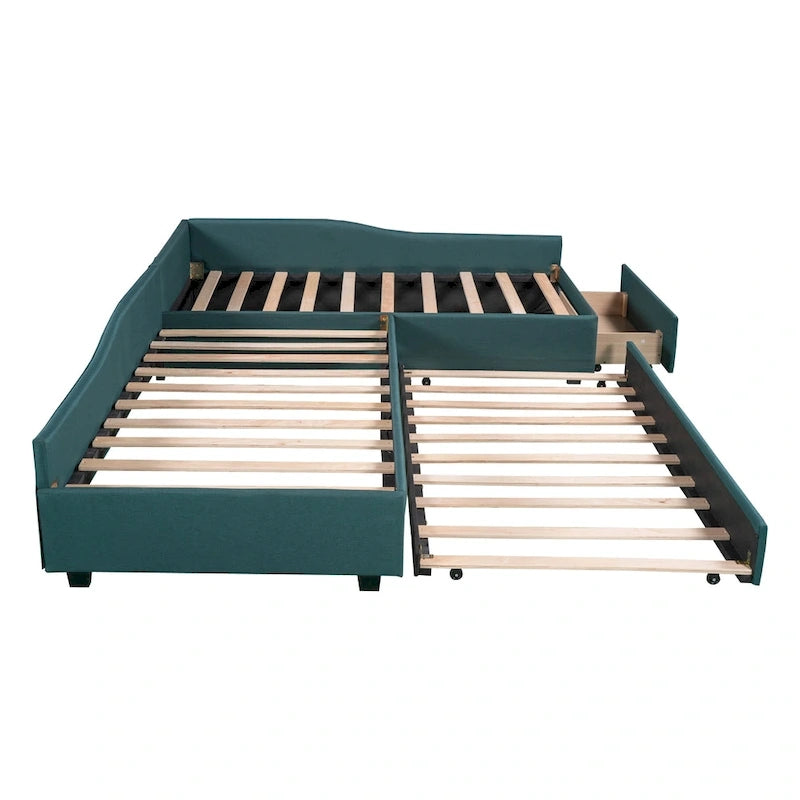 Lit de repos en lin vert/gris avec lit gigogne, 3 couchages