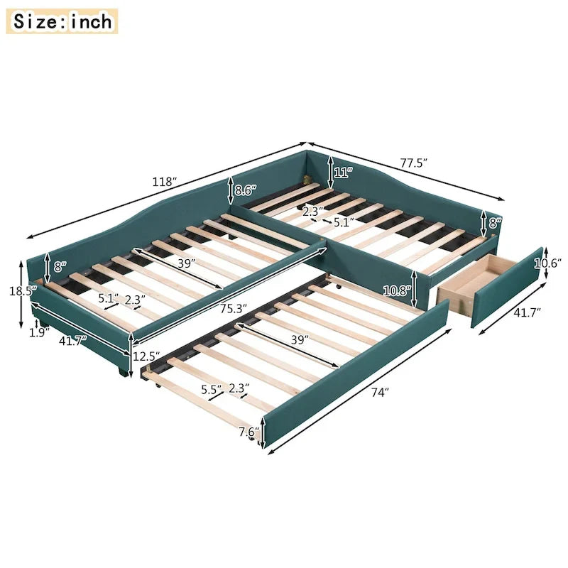 Lit de repos en lin vert/gris avec lit gigogne, 3 couchages