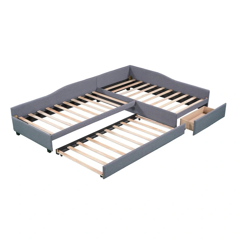 Lit de repos en lin vert/gris avec lit gigogne, 3 couchages