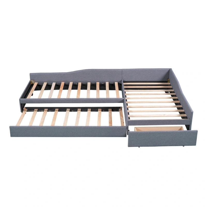 Lit de repos en lin vert/gris avec lit gigogne, 3 couchages