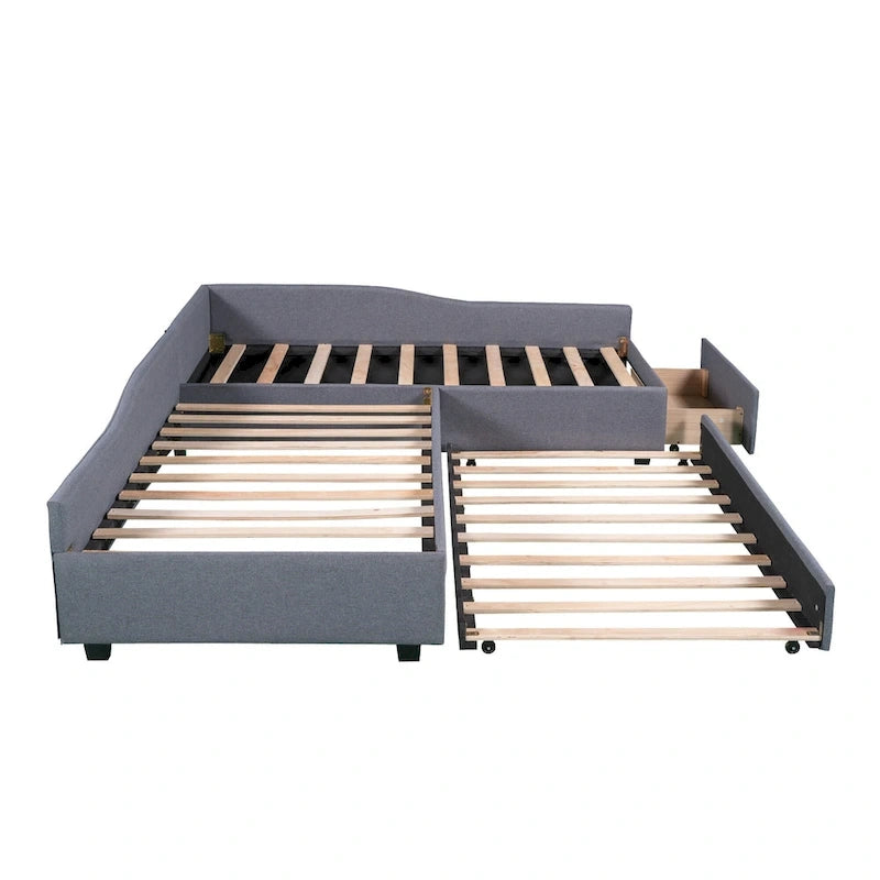 Lit de repos en lin vert/gris avec lit gigogne, 3 couchages