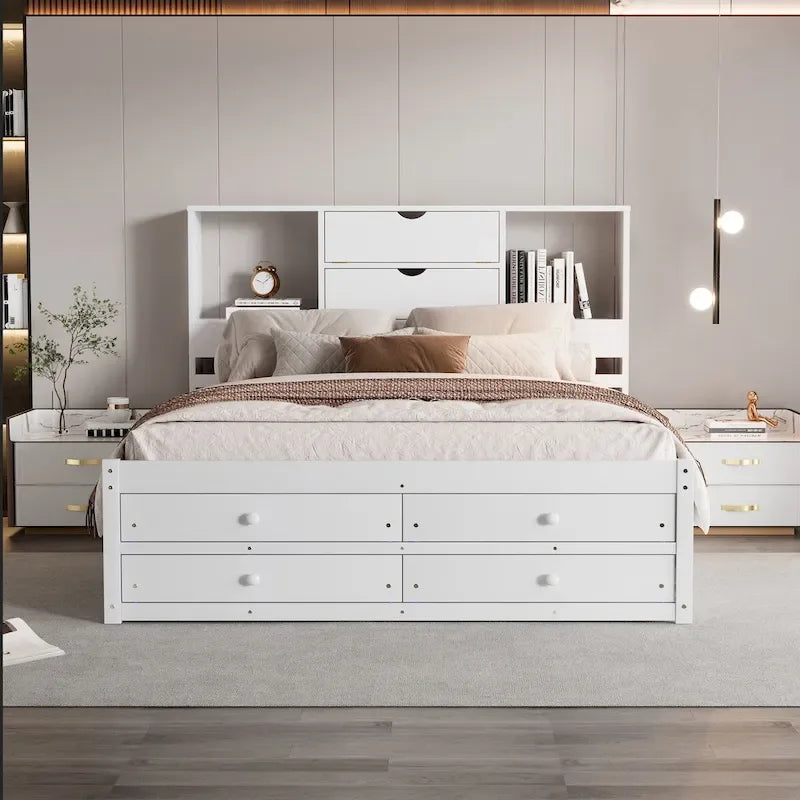Lit plateforme Queen gris/blanc avec tête de lit de rangement et 8 tiroirs, pour 2 personnes
